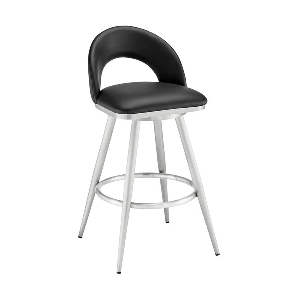Armen Living Lottech Swivel Bar Stool in Brushed Stainless Steel with Black Faux Leather 840254335400 - main